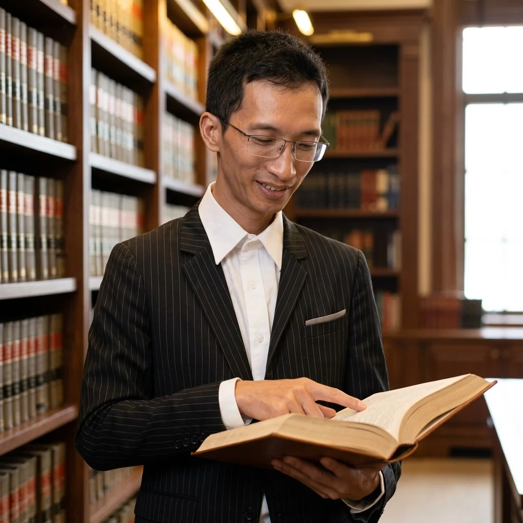 Mr Hiển at the law library bookshelf