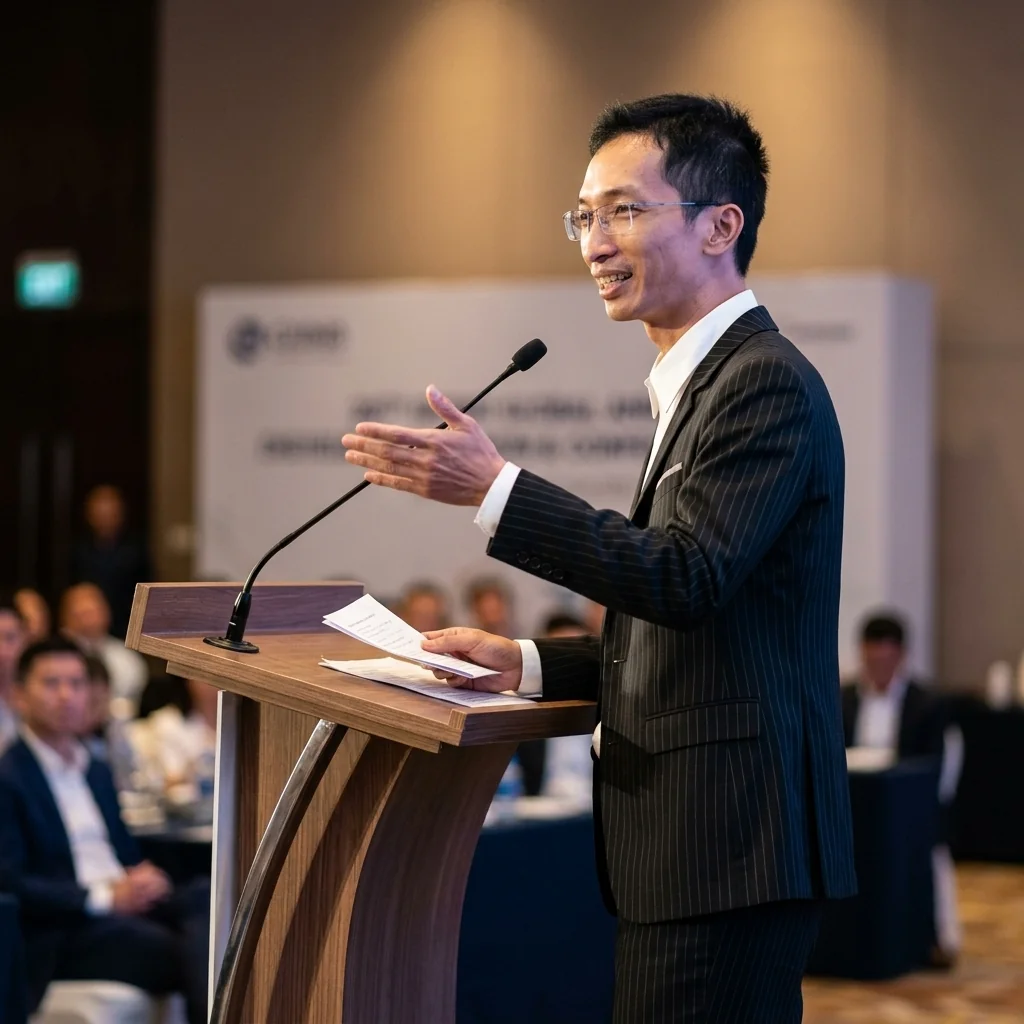 Mr Hiển at the lectern during a conference