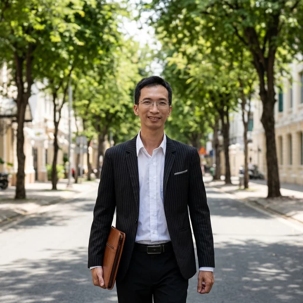 Mr Hiển walking along a District 1 boulevard