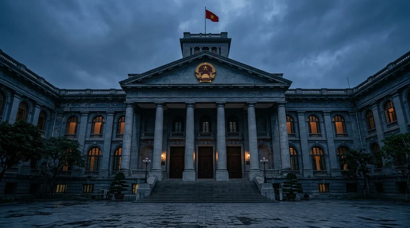 Vietnamese courthouse exterior at twilight